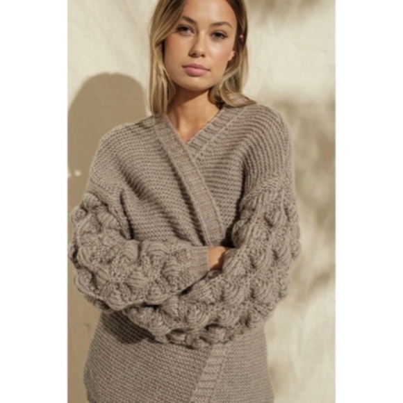 SOLD OUT Khaki Pompom Sleeve Knit Open Cardigan Sweater - Picture 4 of 6